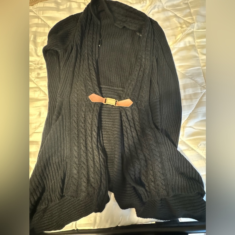 Black open sweater cardigan with buckle